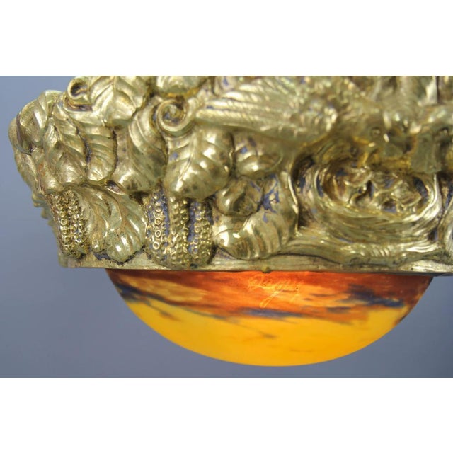 Art Deco French Brass Chandelier with Yellow Pâte De Verre Glass by Degué, 1930s For Sale - Image 9 of 18
