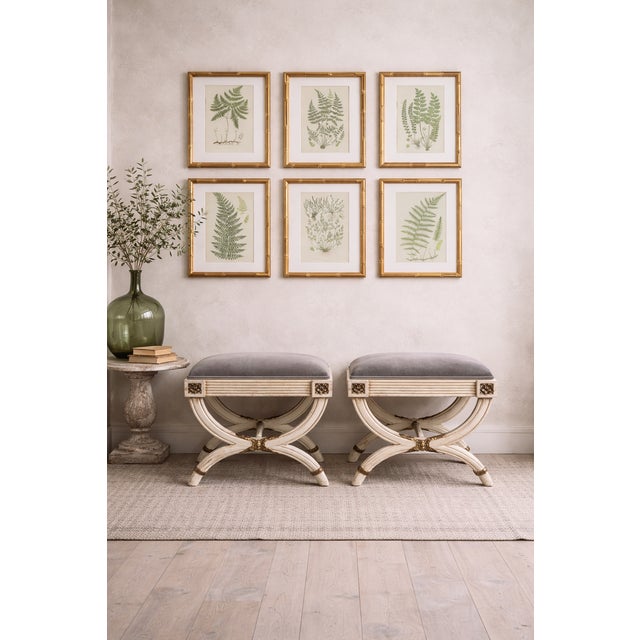 Neoclassical Neo-Classical Gustavian Style Painted Curule Stools / Ottomans in Velvet - Pair For Sale - Image 3 of 9