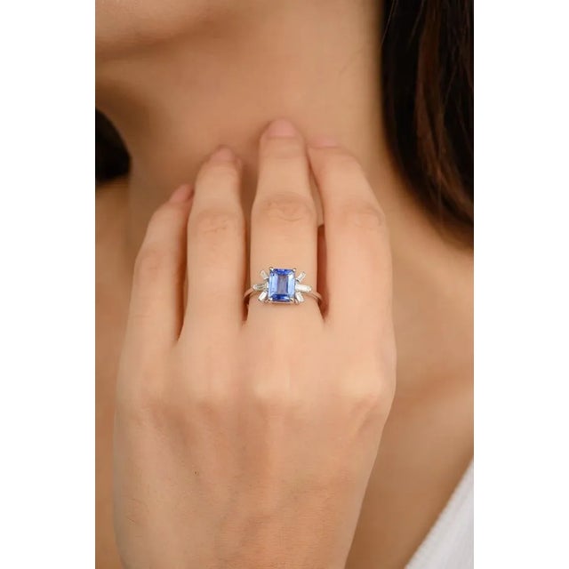 1.5 Ctw Emerald Cut Blue Sapphire Diamonds Wedding Ring Size 6 For Sale - Image 4 of 9