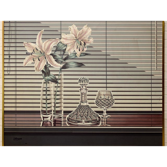 A striking vintage still life from Letterman Gallery, featuring oversized lilies arranged in a glass vase alongside a cut-...