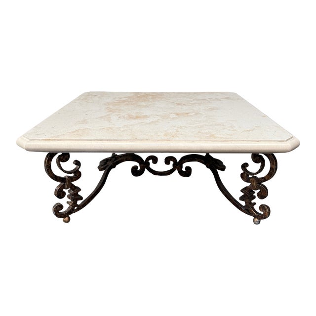 Attributed to Kreiss Magellan Square Travertine Coffee Table Wrought Iron Base For Sale