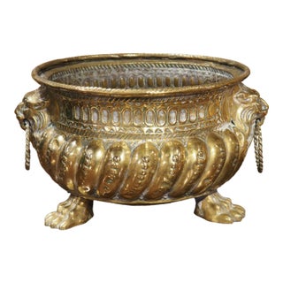 19th Century Circular French Brass Jardiniere With Lions and Paw Feet For Sale