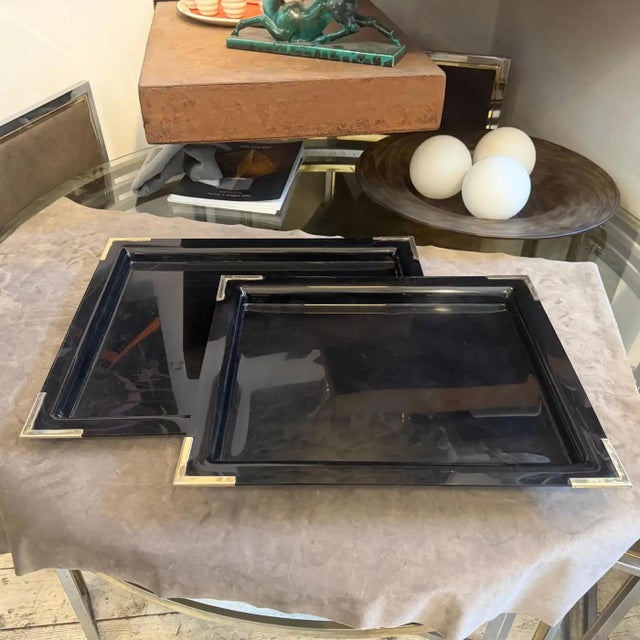 Christian Dior Set of Two 1970s Mid-Century Modern Black Lucite and Brass Barware Trays For Sale - Image 4 of 14