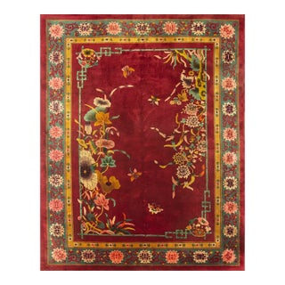 1920s Room Size Wool Red Chinese Floral Modern Antique Knotted Art Deco Rug For Sale