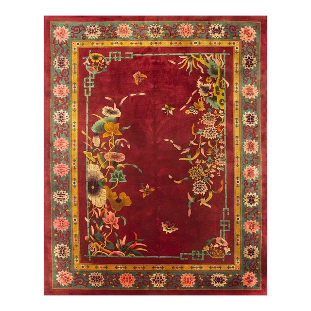 1920s Room Size Wool Red Chinese Floral Modern Antique Knotted Art Deco Rug For Sale