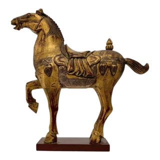 Late 20th Century Tang Horse Sculpture Carved Wood Oriental Statue Vintage Asian Decor For Sale