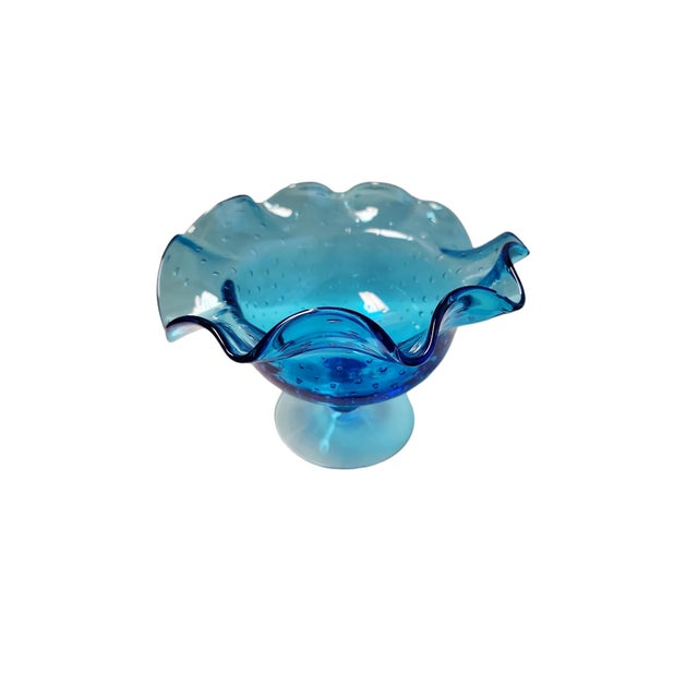 Beautiful mid-century Bischoff Glass controlled bubble blue compote, excellent condition, perfect addition to a mid-...