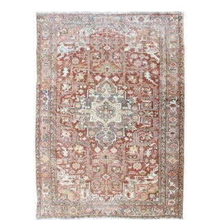 Persian Heriz With Geometric Medallion in Soft Red, Gray Blue With Soft Greens 7'6 X 10'8 For Sale