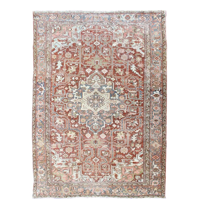 Persian Heriz With Geometric Medallion in Soft Red, Gray Blue With Soft Greens 7'6 X 10'8 For Sale