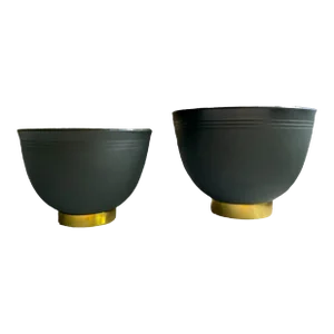 1970s Modern Black Bisque Porcelain Bowls With Metalic Gold Footed Bases, Made in England - a Pair