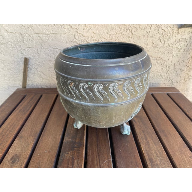 Antique Brass Jardiniere Planter Geometric Design Motif Ball Claw Three-Foot For Sale - Image 4 of 7