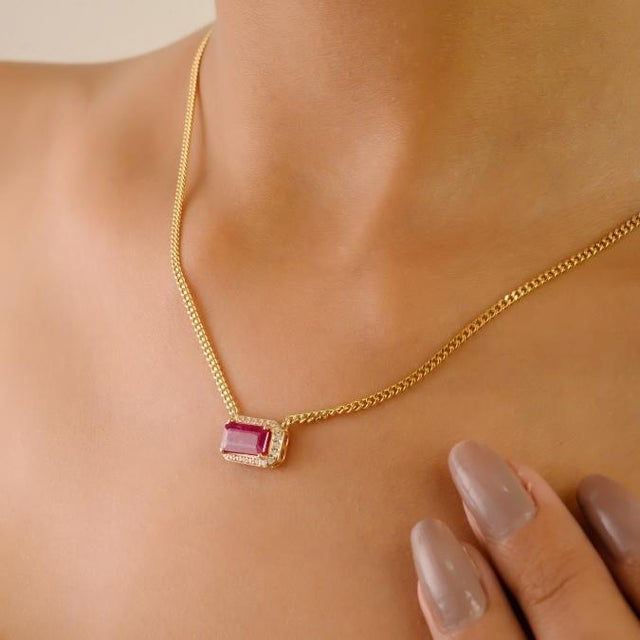 East West Set 1.58 Ct Ruby Birthstone Necklace With Diamonds in 14k Gold- 16 Inch For Sale In New York - Image 6 of 14