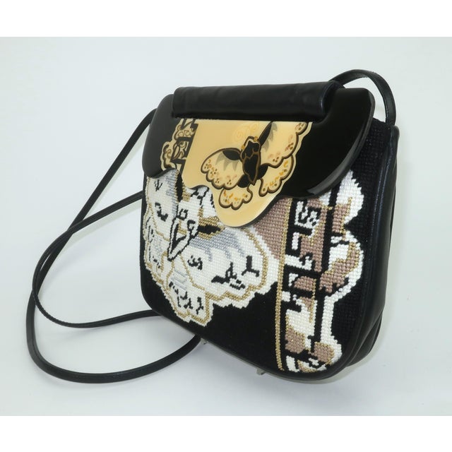 Mid-Century Modern Moon Bags by Patricia Smith Needlepoint Leather & Hand Painted Lacquer Wood Handbag For Sale - Image 3 of 15