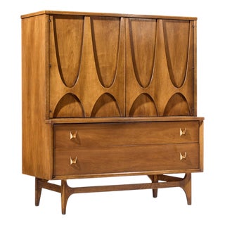 Broyhill Brasilia Mid Century Walnut and Brass Gentleman's Chest Highboy Dresser For Sale