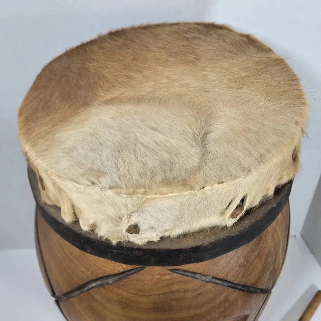 Early 21st Century Hand Carved Wood African Drum With Animal Hide Cover For Sale - Image 5 of 7