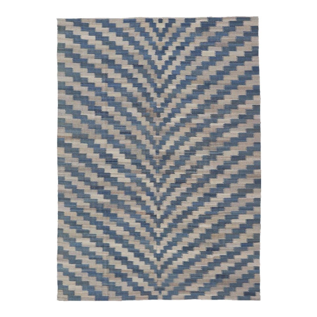Hand Woven Flat-Weave Kilim Rug With a Modern Design in Blue and Creams For Sale