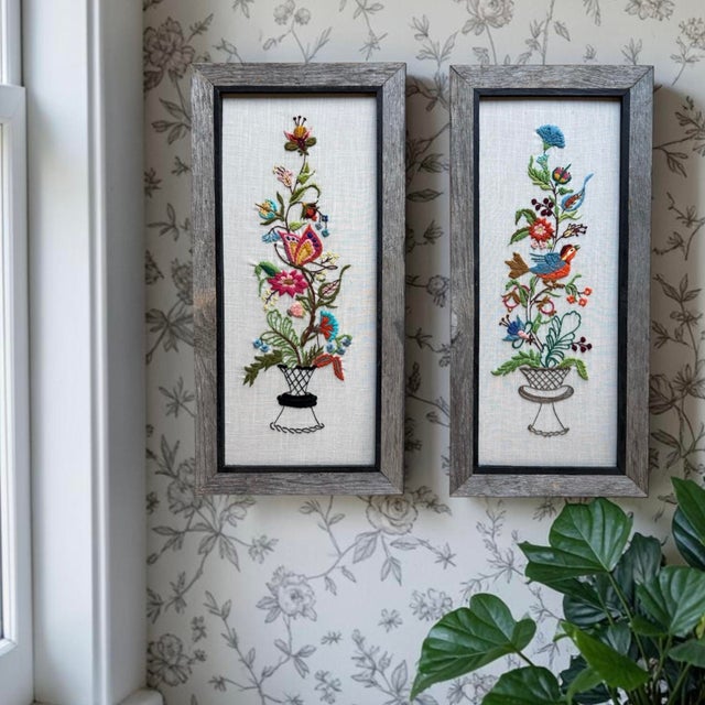 Vintage Textile Framed Wall Art Jacobean Panel Duo Crewel Embroidery Butterfly Bluebird For Sale - Image 11 of 12