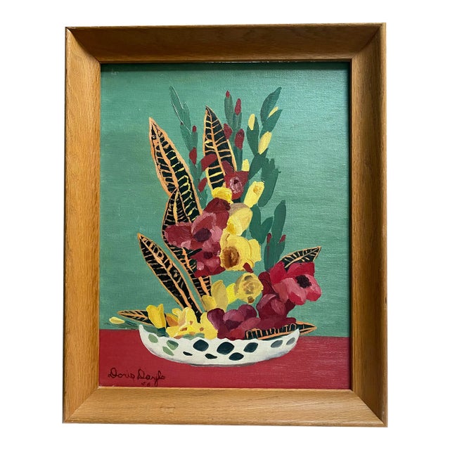Colorful Mid Century Abstract Still Life Oil Painting by Doris Doyle Dated 1956 For Sale