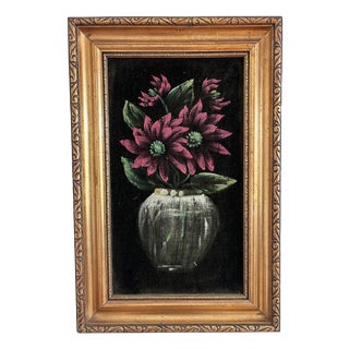 Red Flower Still Life, 1960s, Oil Painting on Velvet, Framed For Sale