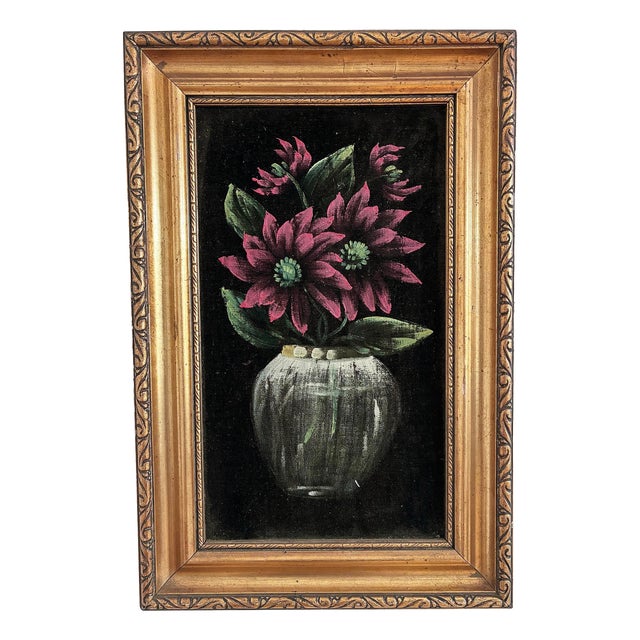 Red Flower Still Life, 1960s, Oil Painting on Velvet, Framed For Sale