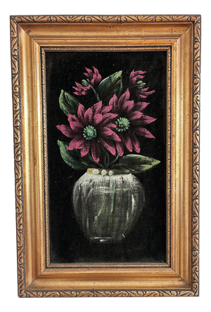 Red Flower Still Life, 1960s, Oil Painting on Velvet, Framed