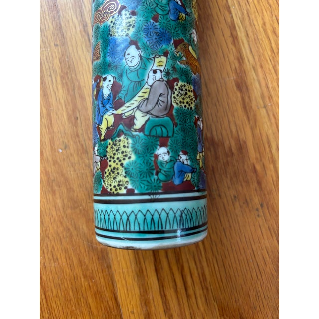 Japanese Vintage Japanese Kutani Porcelain Cylinder Vase – Mokubei Style Karako Motif For Sale - Image 3 of 7
