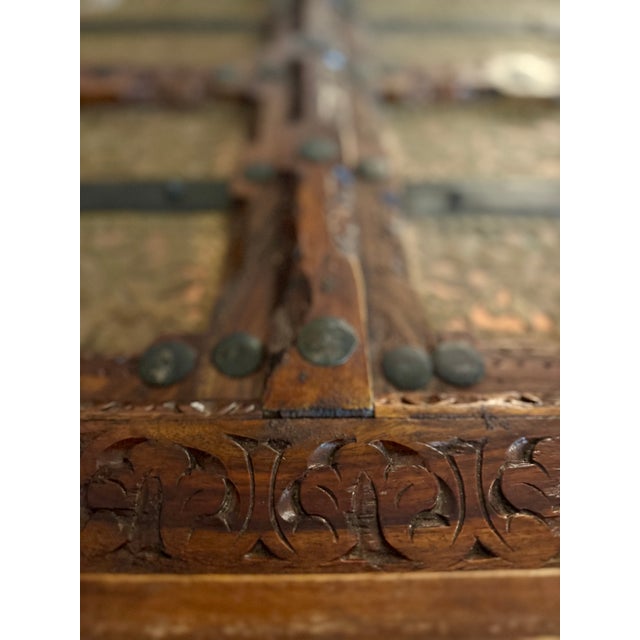 19th Century Reclaimed Indian Door Coffee Table | Hand-Carved Sheesham & Embossed Brass For Sale In Houston - Image 6 of 10