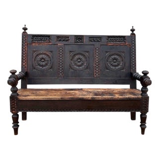 Spanish Renaissance Revival Carved Wooden Bench, Early 20th Century For Sale