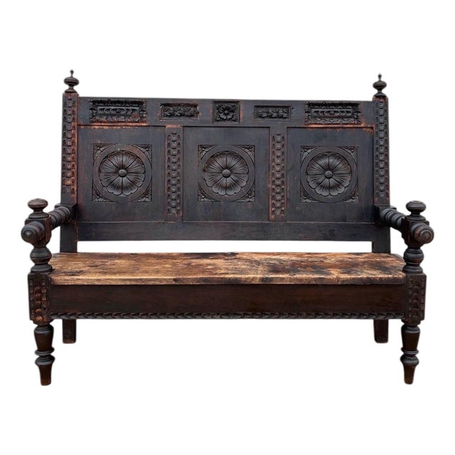Spanish Renaissance Revival Carved Wooden Bench, Early 20th Century For Sale
