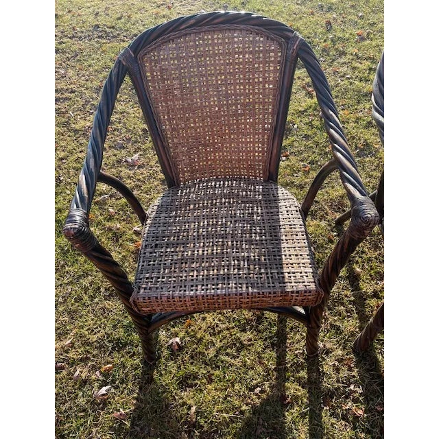 1970s Vintage Barley Twist Ebonized Rattan and Wicker Seat and Back Armchairs - Set of 2 For Sale - Image 4 of 12