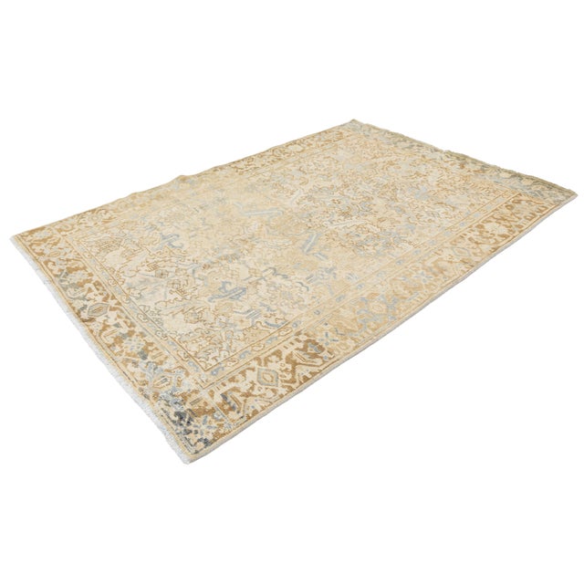Beige Vintage Hand-Knotted Oushak Wool Rug With Soft Blue Accent & Muted Neutral Tones For Sale - Image 8 of 8