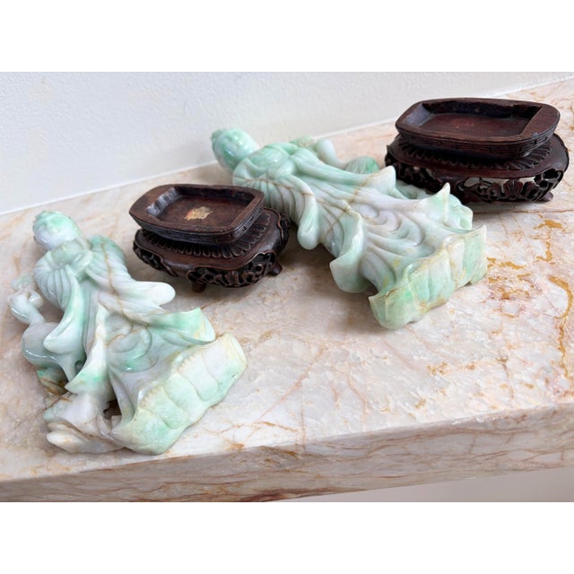 Jade Pair 10" Antique Chinese Qing Natural Jadeite Jade Kuan Yin With Cranes & Stands For Sale - Image 8 of 12