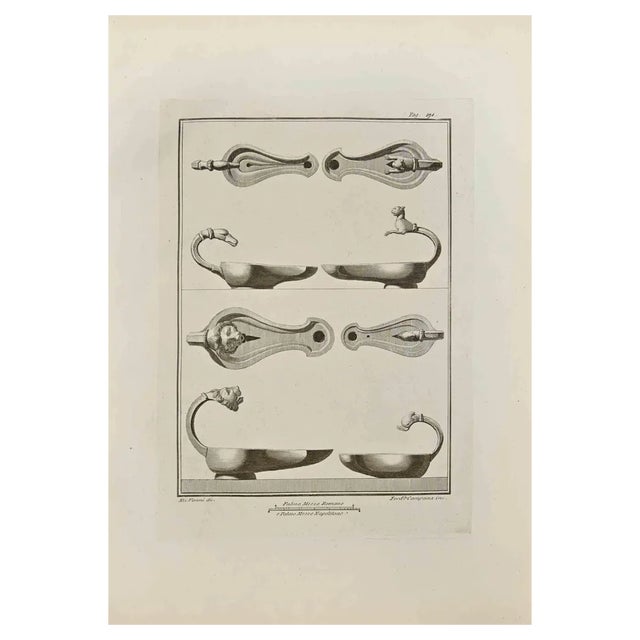 Ferdinando Campana, Oil Lamp with Heads of Animals, Etching, 18th Century For Sale