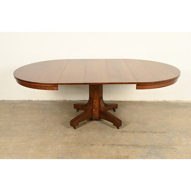Wood Stickley Brothers Style Antique Mission Oak Arts & Crafts Pedestal Extension Dining Table, Newly Refinished For Sale - Image 7 of 13