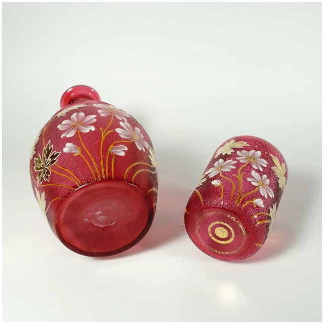 Red Late 19th Century Victorian Cranberry Glass Enamel Carafe Set, Bedside Decanter, Tumble Up, Cup & Saucer For Sale - Image 8 of 8