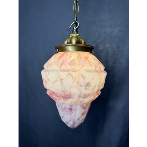 Vintage Mottled Marble Effect Glass Pendant Light with Brass Fittings, 1930s For Sale - Image 3 of 8