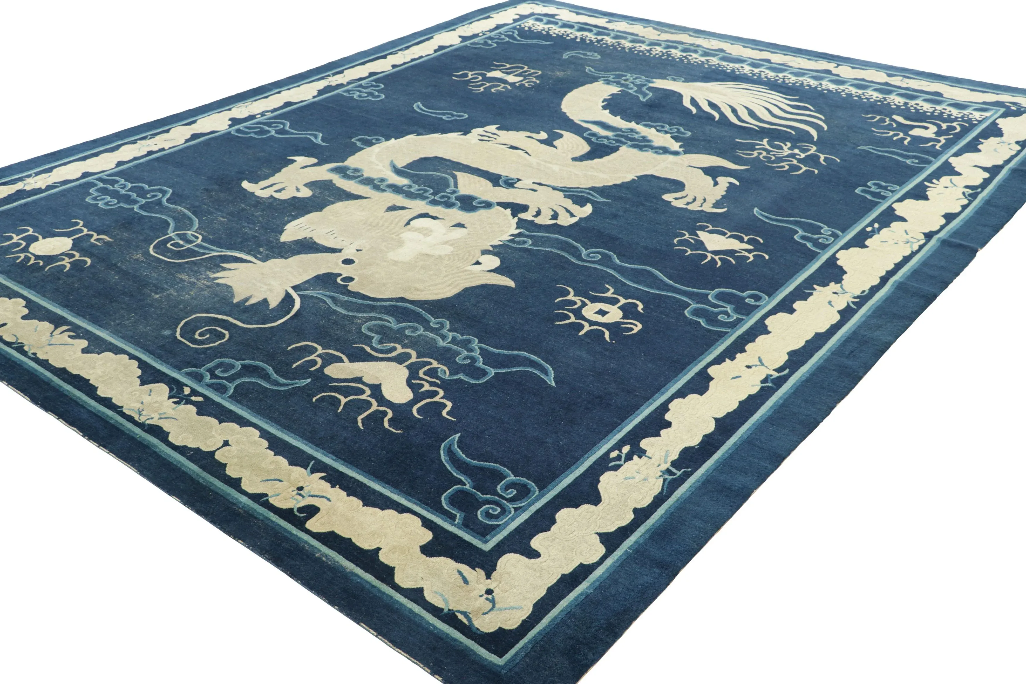 Antique Peking Art Deco Rug in Blue With Cream Dragon Pictorial