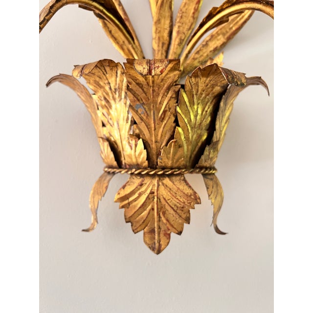 Art Nouveau 1960s Pair of Italian Gilt Tole Candle Sconces For Sale - Image 3 of 10