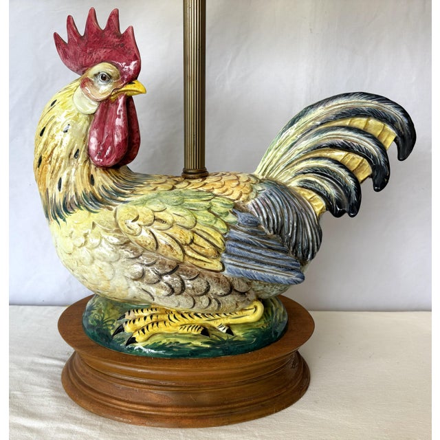 Vintage Large Ceramic Rooster Lamp on Wood Base For Sale - Image 4 of 17