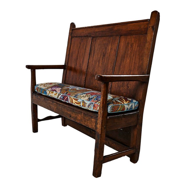 19th Century Wood Bench with Schumacher Zanzibar Linen Print Cushion For Sale In New York - Image 6 of 13
