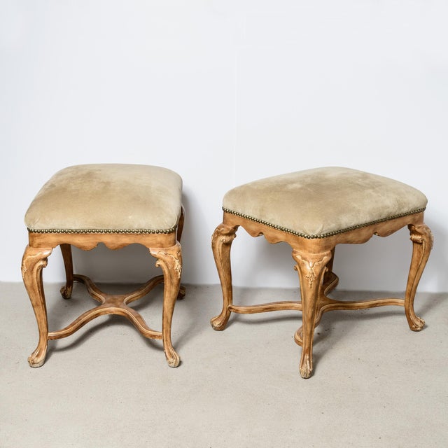 Just in this wonderful vintage Pair of Louis XV Style Large Ottomans or Stools in a genuine original Natural Suede...