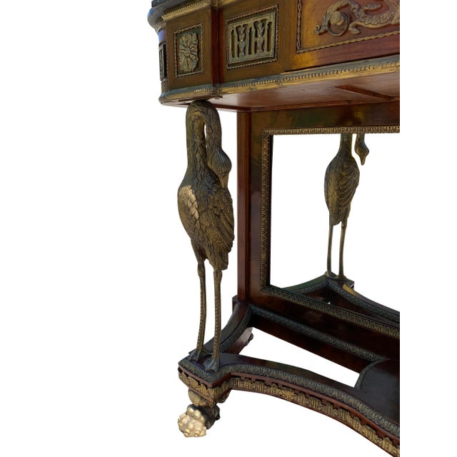 French Marble Top Brass Console Table With Mirror Front With Birds