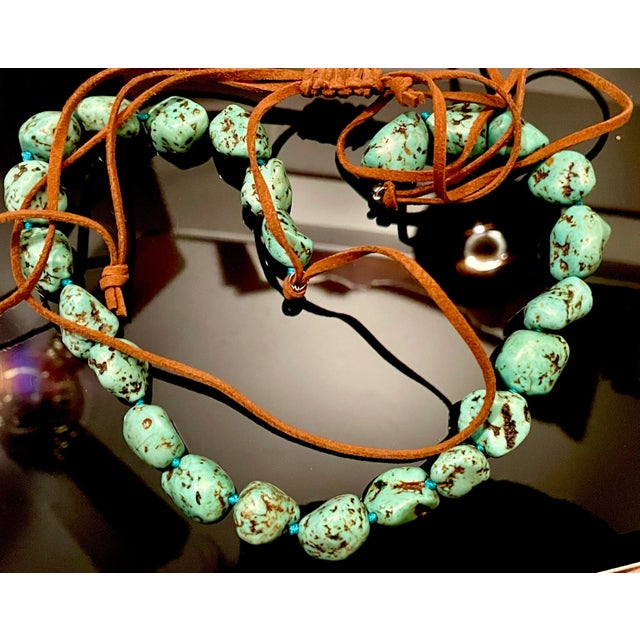 Rustic Gemstone Necklace Natural Turquoise, Double Knotted on Green Silk, Leather Extension Clasp. For Sale - Image 3 of 6