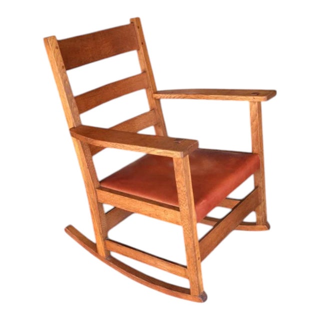 L. & J.G. Stickley, Inc. L & J. G. Stickley Oak Rocking Chair With Cognac Saddle Leather Covered Seat, Circa 1912 - 1920 For Sale - Image 4 of 12