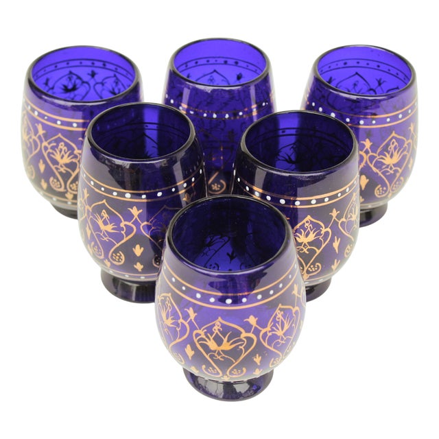 Italian Drinking Cups in Cobalt Blue Glass with Gilt Decor, 1960s, Set of 6 For Sale