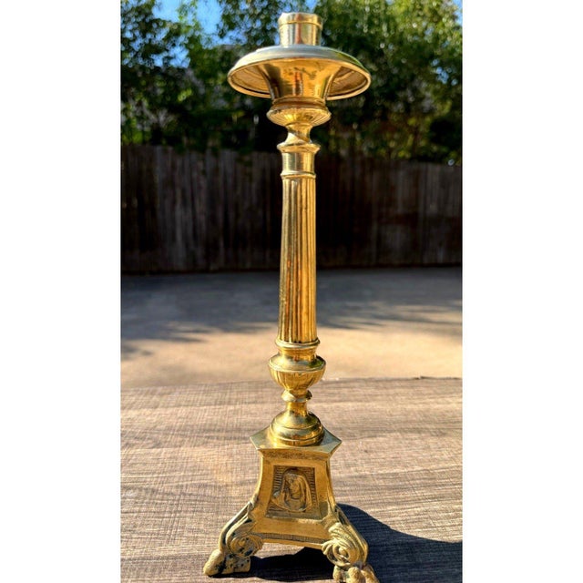 Antique Church Altar Brass Mary Joseph Jesus 12" Fluted Stem Tripod Candlestick For Sale In Dallas - Image 6 of 10