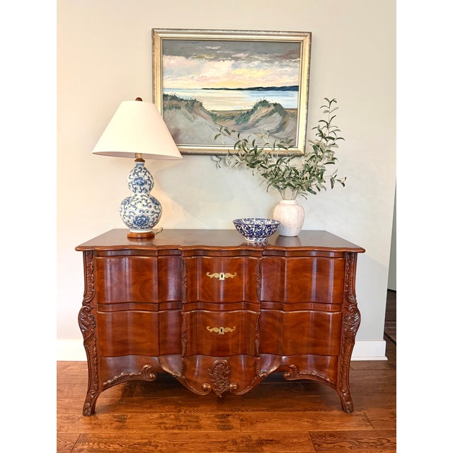 1980s Widdicomb French Louis XV Style Mahogany Serpentine Chest of Drawers, Hand-Carved For Sale - Image 16 of 17
