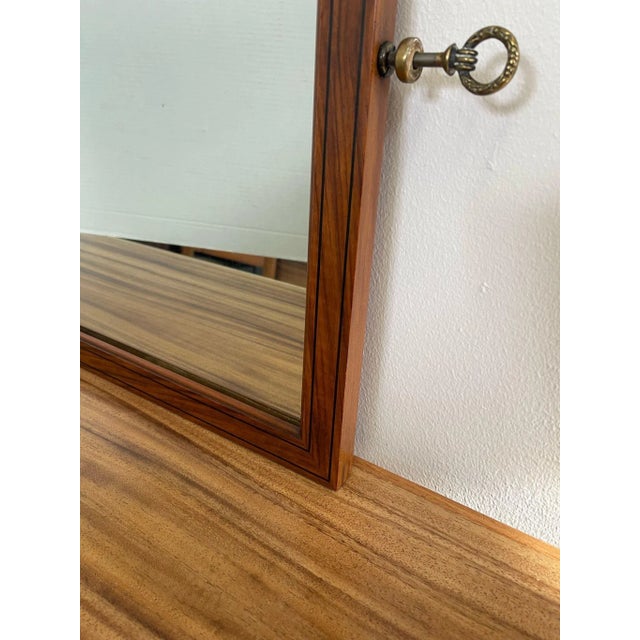 1970s Vintage Wood Framed Mirror With Wood Inlay and Decorative Handles For Sale - Image 5 of 7