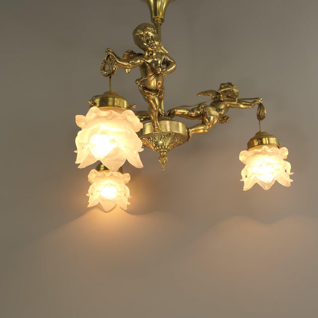 Gold Antique Chandelier with 3 Putti, France, 1910s For Sale - Image 8 of 11