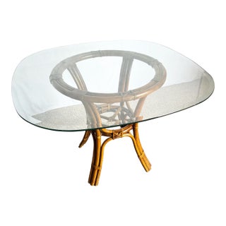 Boho Chic Rattan Rounded Square Glass Top Dining Table For Sale